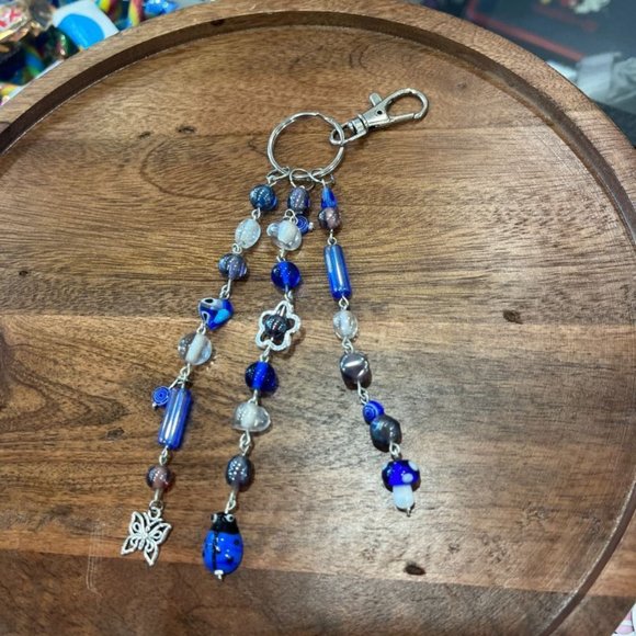 Blue & Purple Mushroom Dangle Silver Bag Charm/Keychain | Handmade - Picture 1 of 2